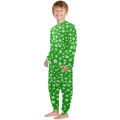 Christmas White Snowflakes on Green Little Boys' Crew Neck Long Pajama Set