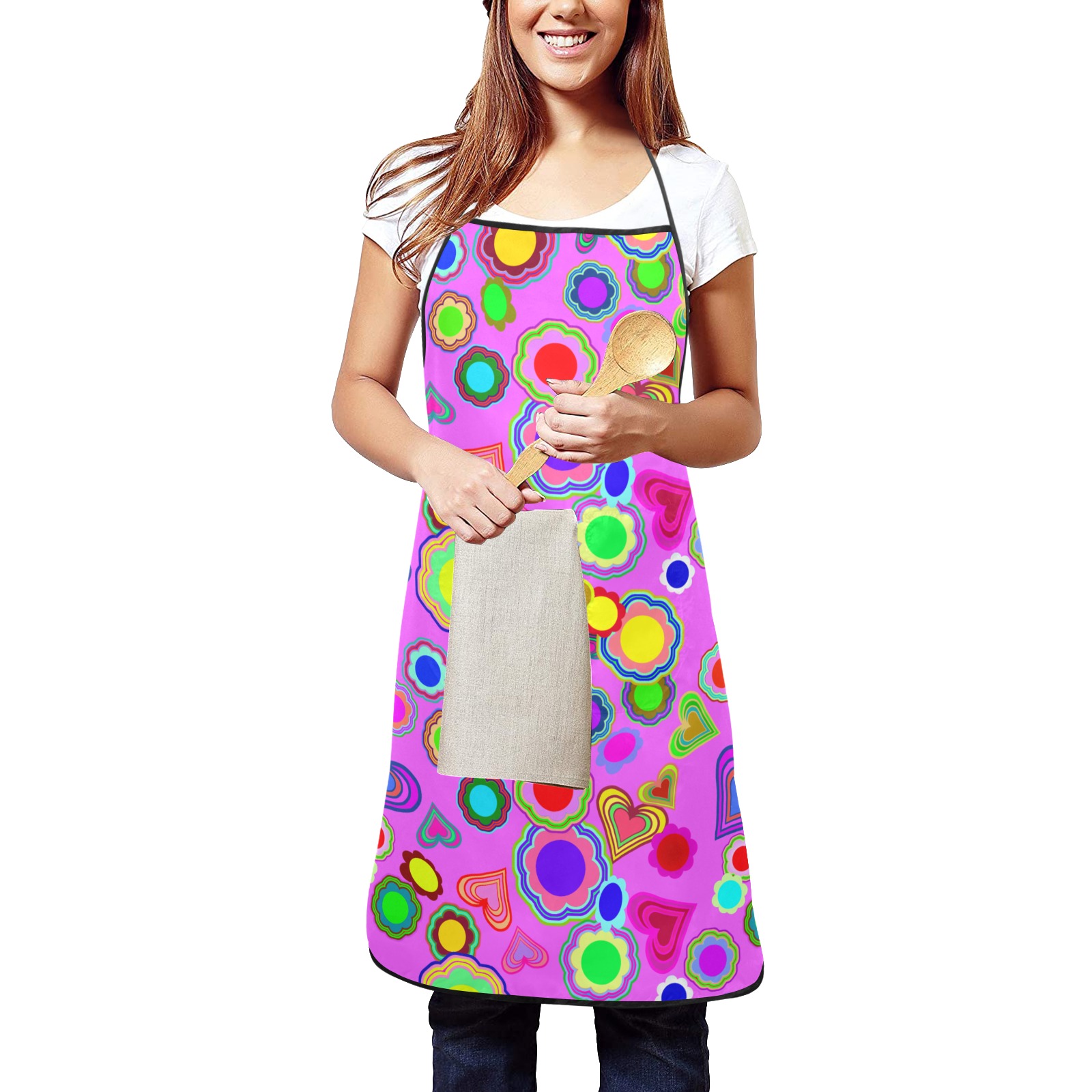 Groovy Hearts and Flowers Pink Women's Overlock Apron with Pocket