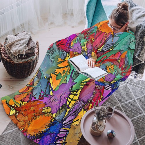 Multicolored_Splashes Black Contour Blanket Robe with Sleeves for Adults