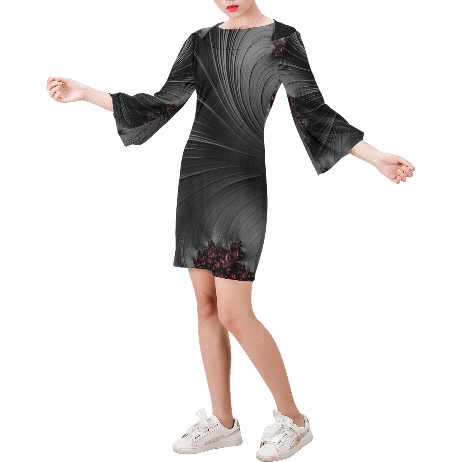 Black and Maroon Fern Fronds Fractal Abstract Bell Sleeve Dress (Model D52)