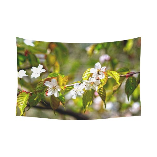 Small bee on a sakura flowers on a sunny day. Polyester Peach Skin Wall Tapestry 90"x 60"