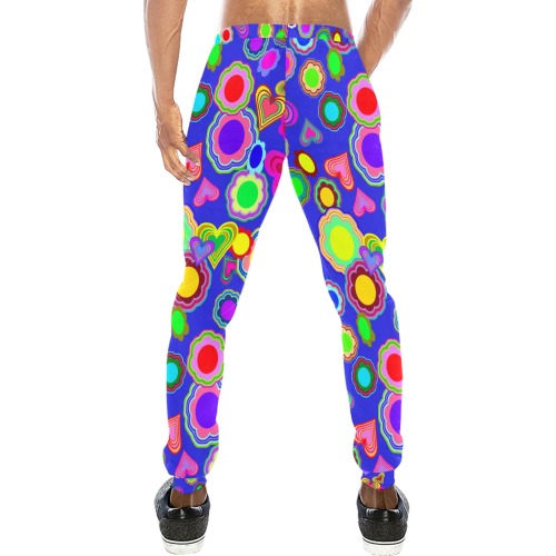 Groovy Hearts and Flowers Blue Unisex Casual Sweatpants (Model L11)