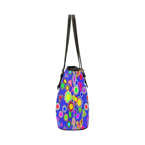 Groovy Hearts and Flowers Blue Leather Tote Bag/Small (Model 1651)