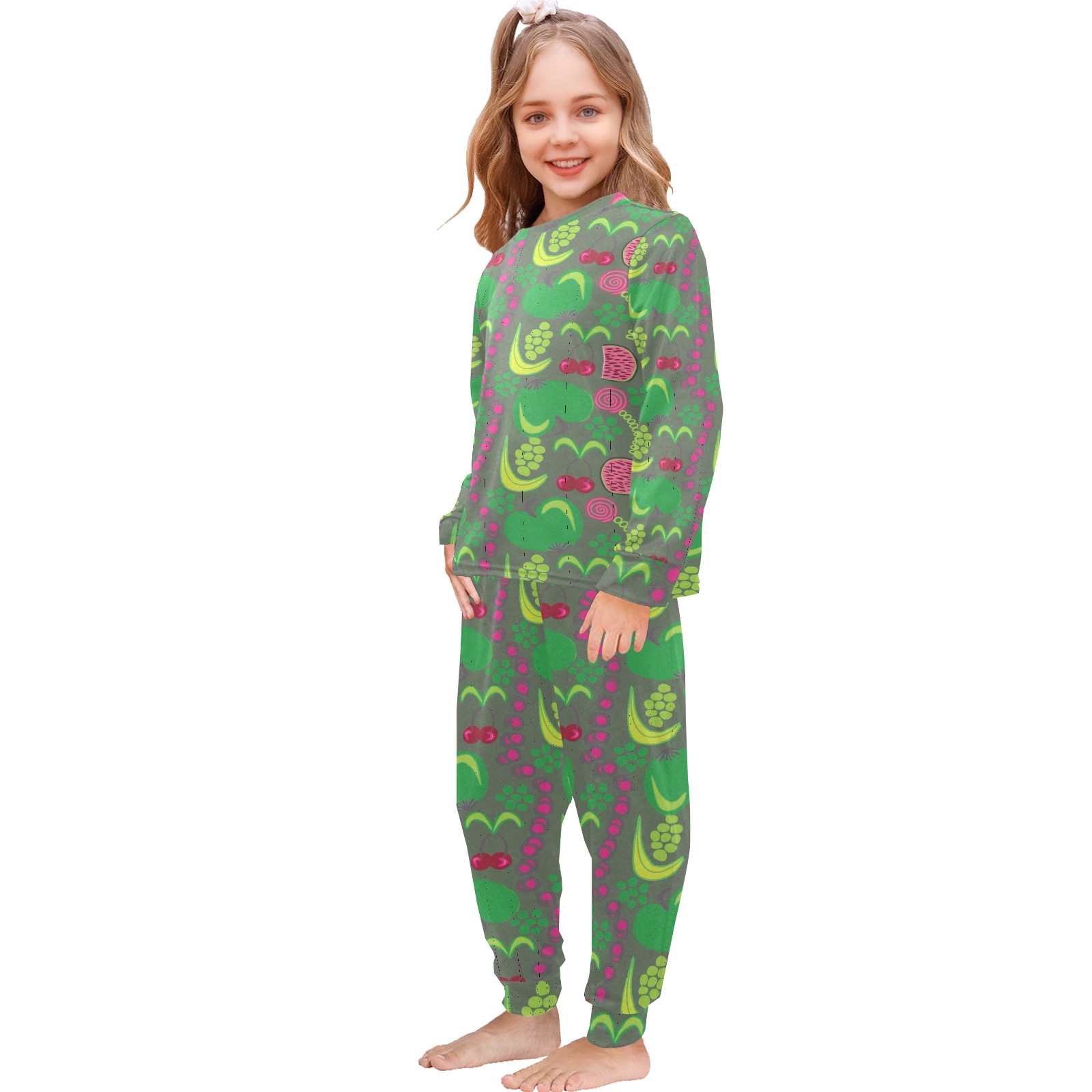 Green&Fruity pattern Little Girls' Crew Neck Long Pajama Set