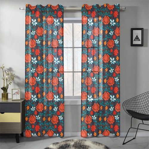 Pretty floral pattern Gauze Curtain 28"x84" (Two-Piece)
