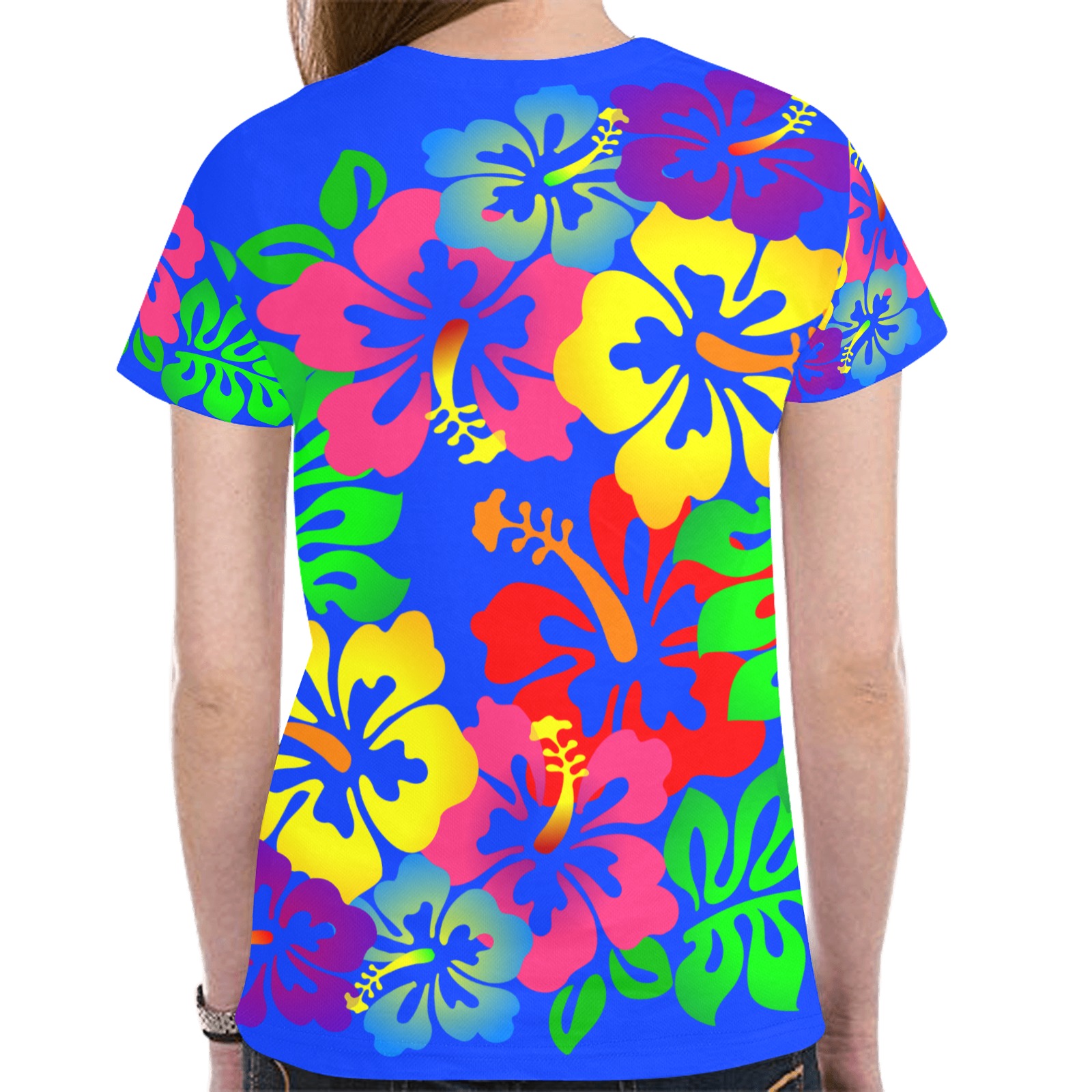 Hibiscus Hawaiian Flower on Blue New All Over Print T-shirt for Women (Model T45)