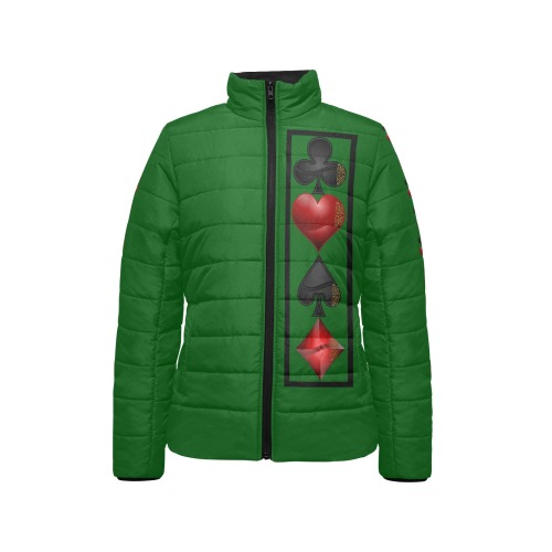 Black and Red Playing Card Shapes / Green Women's Stand Collar Padded Jacket (Model H41)