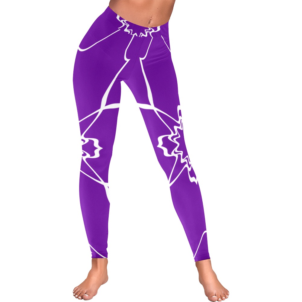 White Interlocking Triangles2 Starred purple Women's Low Rise Leggings (Invisible Stitch) (Model L05)