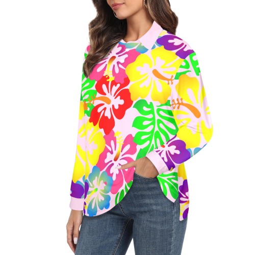 Hibiscus Hawaiian Flowers / Pink Women's Long Sleeve Polo Shirt (Model T73)