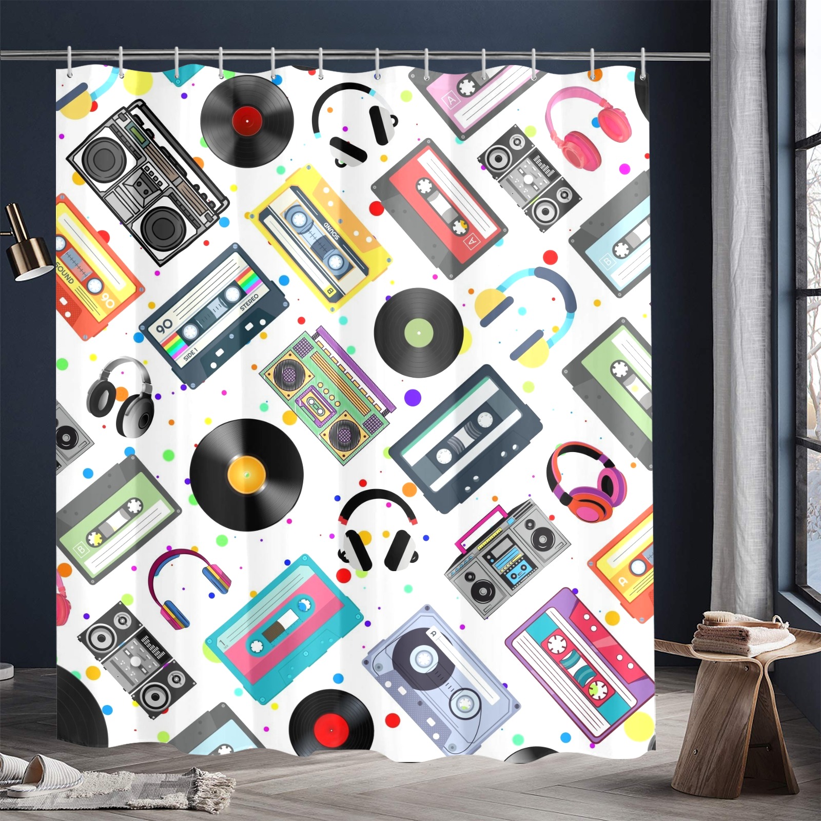 Retro Music Artistic Shower Curtain 72" x 84". Shower Curtain 72"x84"