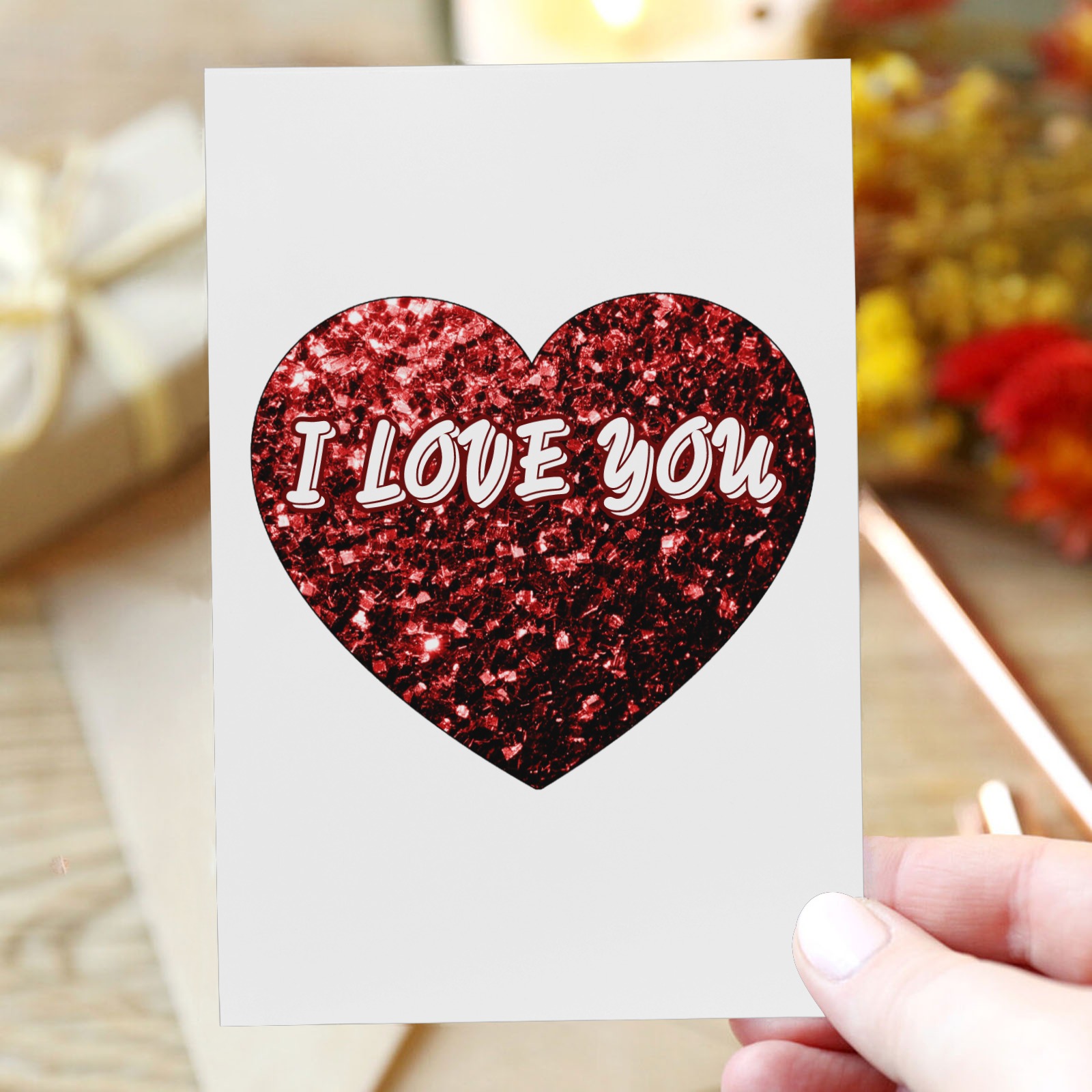 Red sparkles heart faux glitter Valentines Day love Greeting Card 4"x6"