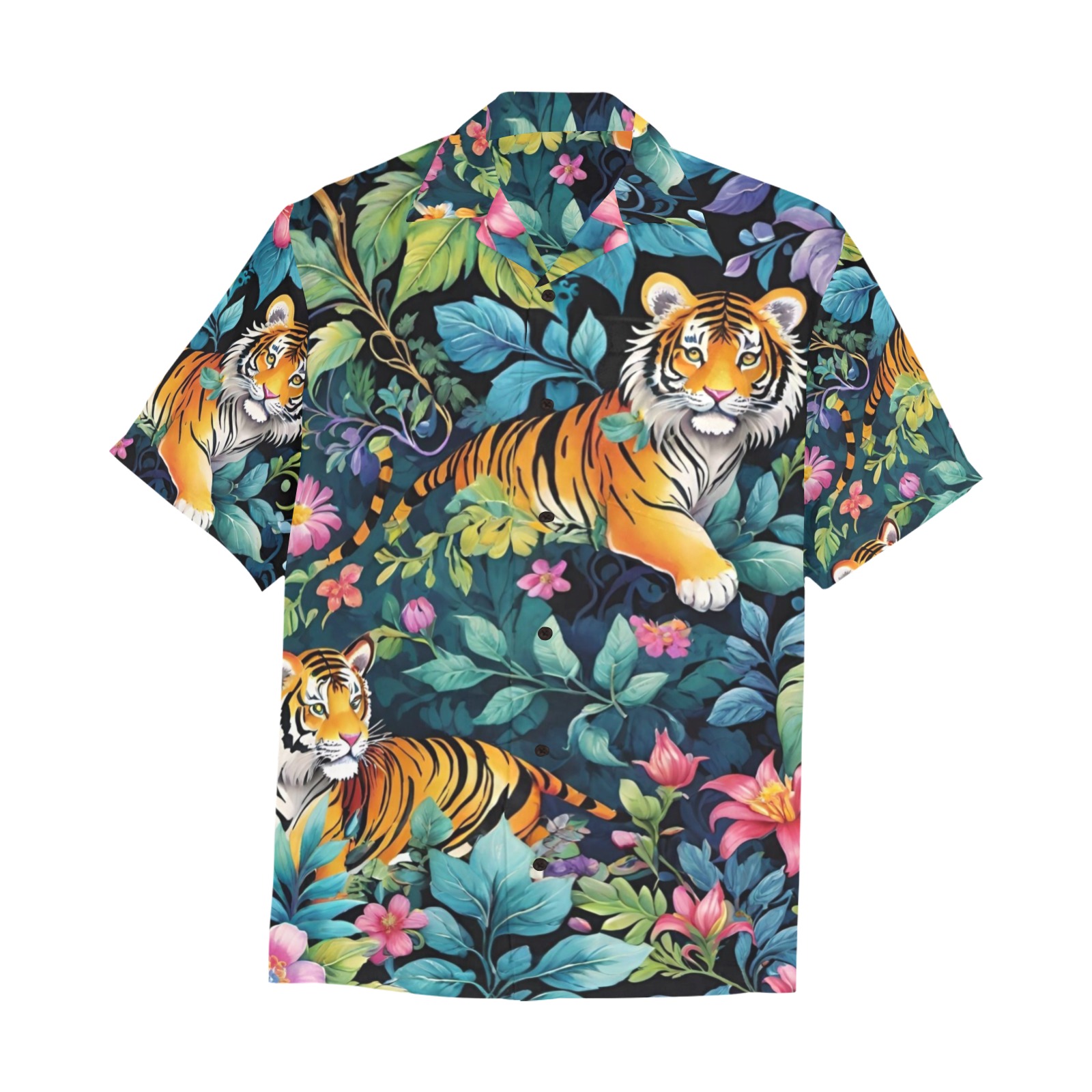 Jungle Tigers and Tropical Flowers Pattern Hawaiian Shirt with Chest Pocket&Merged Design (T58)