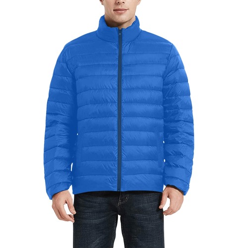 Blue Puffy Jacket Men's Stand Collar Padded Jacket (Model H41)