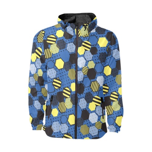 Abstract Patterned Hexagons on Blue Background Unisex All Over Print Windbreaker (Model H23)