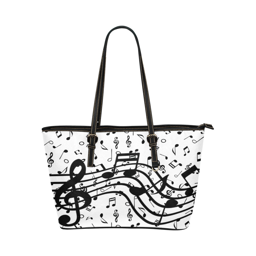 Musical Notes White 1651 Leather Tote Bag/Large (Model 1651)