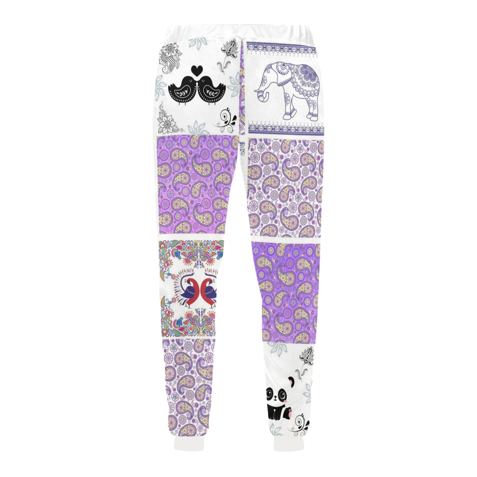 Purple Paisley Birds and Animals Patchwork Design Unisex All Over Print Sweatpants (Model L11)