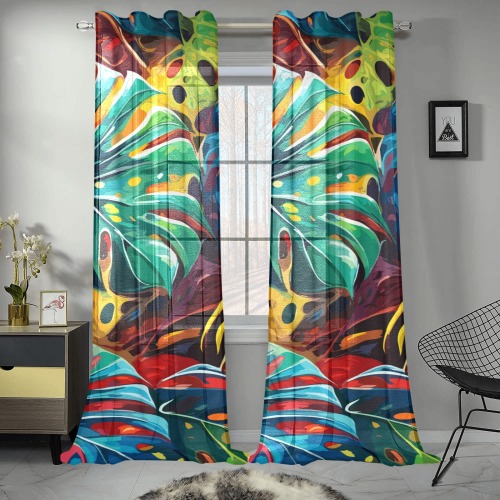 Monstera leaves. Colorful abstract art. Gauze Curtain 28"x95" (Two-Piece)