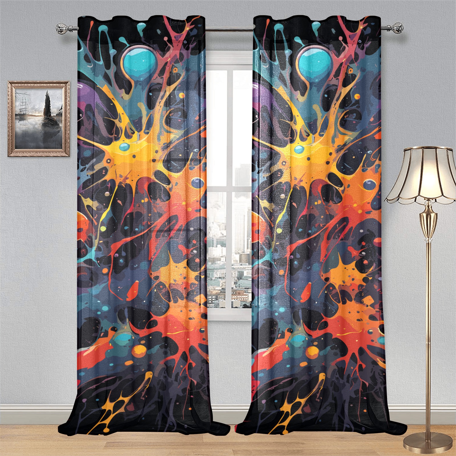Cool colorful microbiology abstract art on black Gauze Curtain 28"x95" (Two-Piece)