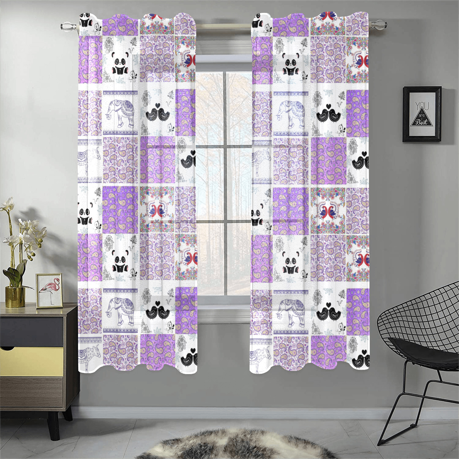 Purple Paisley Birds and Animals Patchwork Design Gauze Curtain 28"x63" (Two-Piece)
