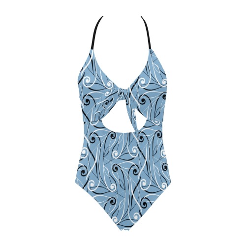 Blue Swirls One Piece Tie Swimsuit Mommy and Me Backless Hollow Out Bow Tie Swimsuit (Model S17)