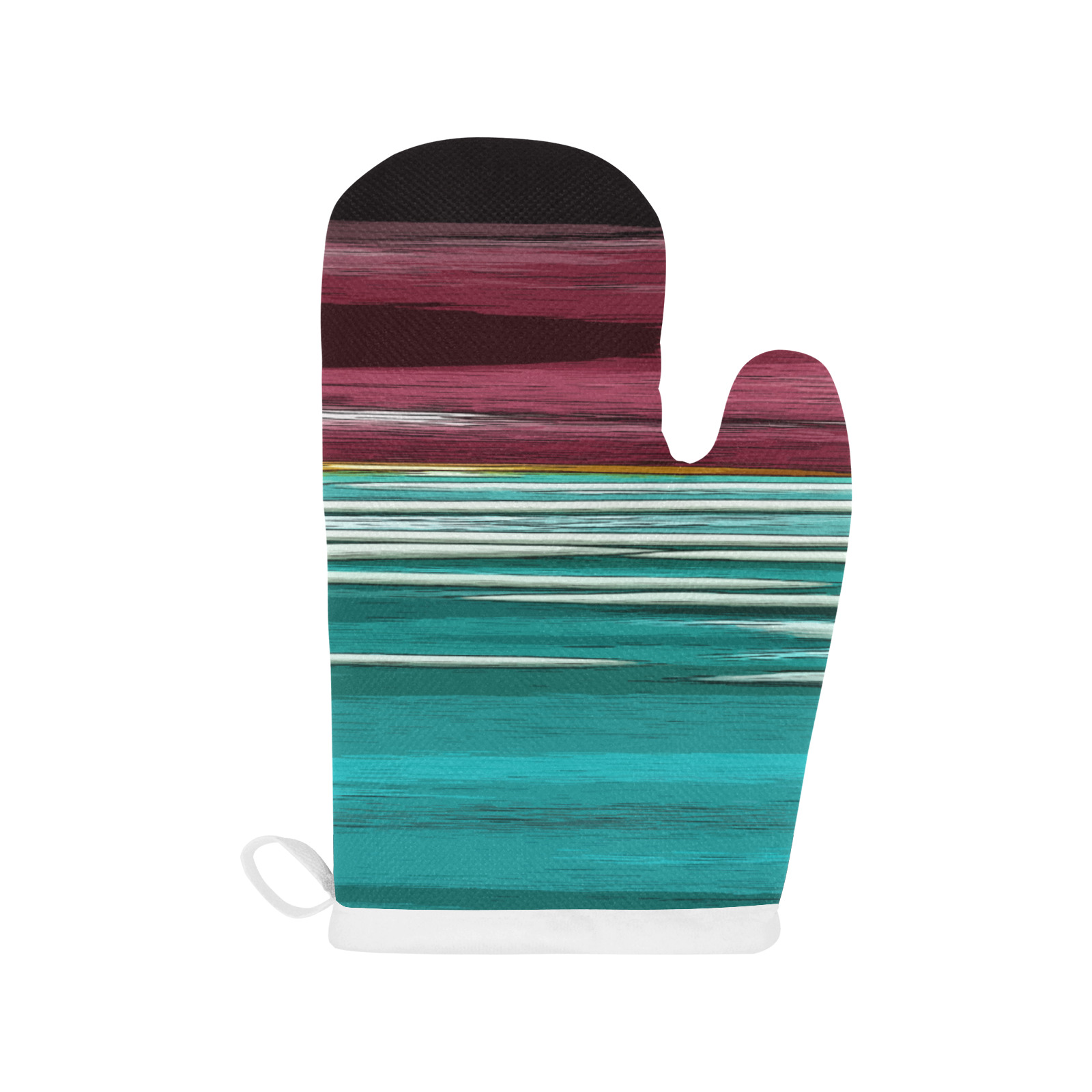Abstract Red And Turquoise Horizontal Stripes Linen Oven Mitt (Two Pieces)