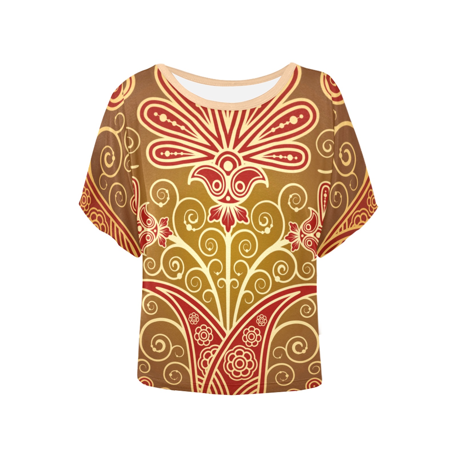 Gold and Burgundy Sari Print Pattern  Tee Women's Batwing-Sleeved Blouse T shirt (Model T44)