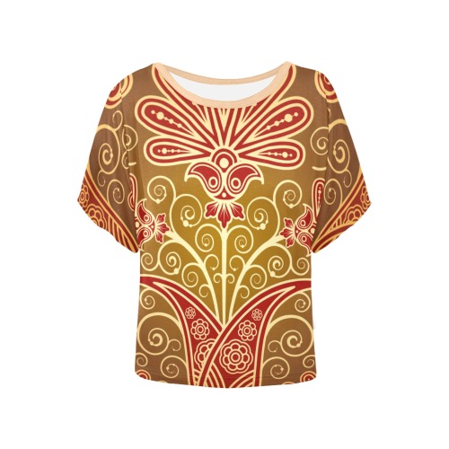 Gold and Burgundy Sari Print Pattern  Tee Women's Batwing-Sleeved Blouse T shirt (Model T44)