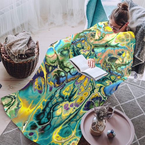 Flower Power Fractal Batik Teal Yellow Blue Salmon Blanket Robe with Sleeves for Adults