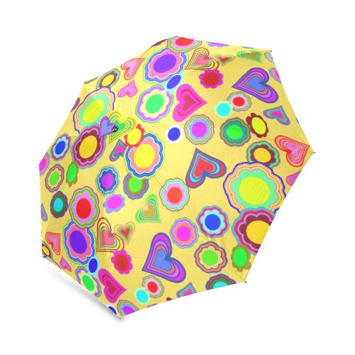 Groovy Hearts and Flowers Yellow Foldable Umbrella (Model U01)