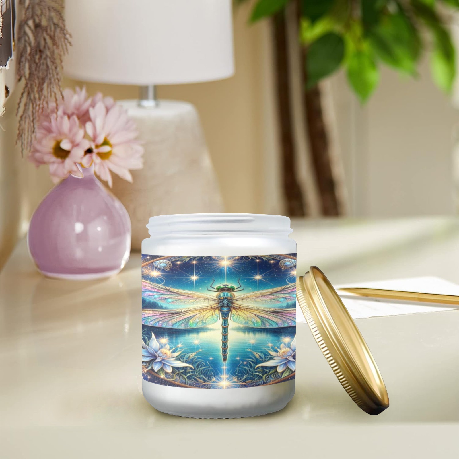 Dragonfly Sparkle Frosted Glass Candle Cup - Large Size