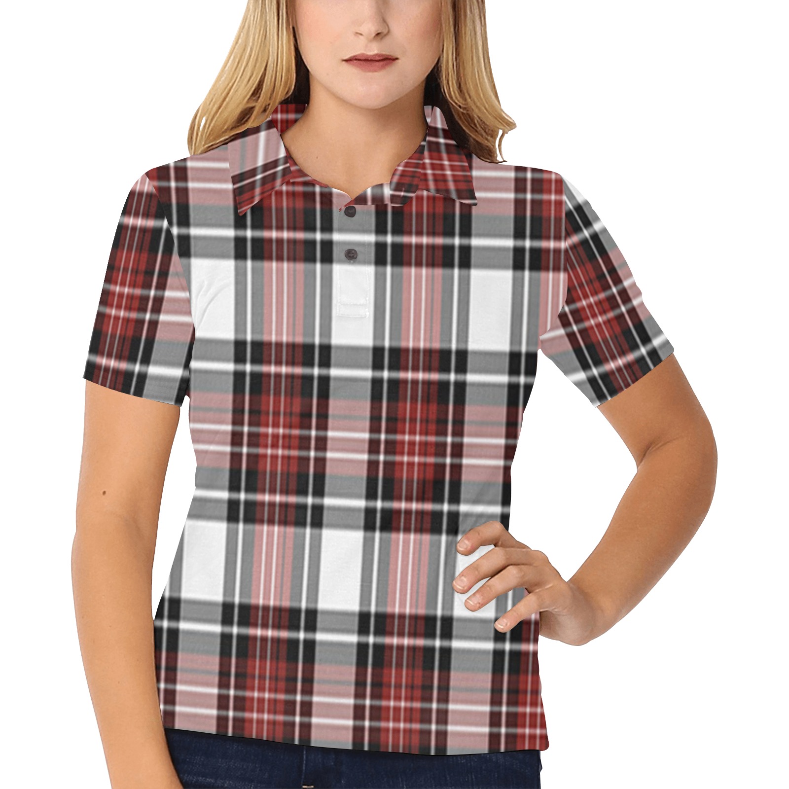 Red Black Plaid Women's All Over Print Polo Shirt (Model T55)