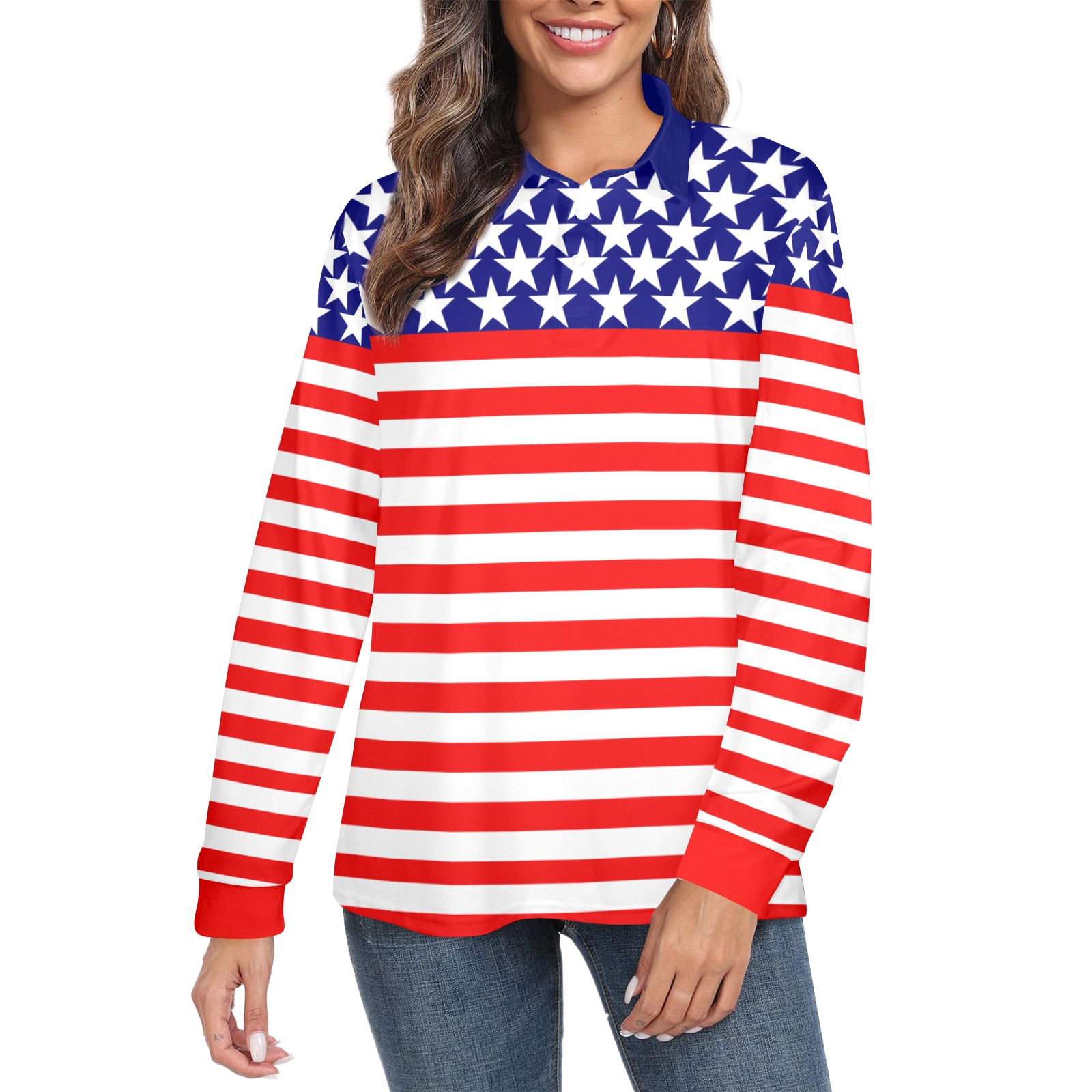 USA Stars and Stripes Women's Long Sleeve Polo Shirt (Model T73)
