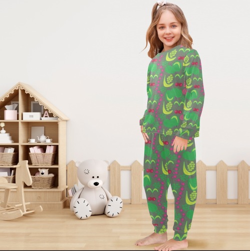 Green&Fruity pattern Little Girls' Crew Neck Long Pajama Set