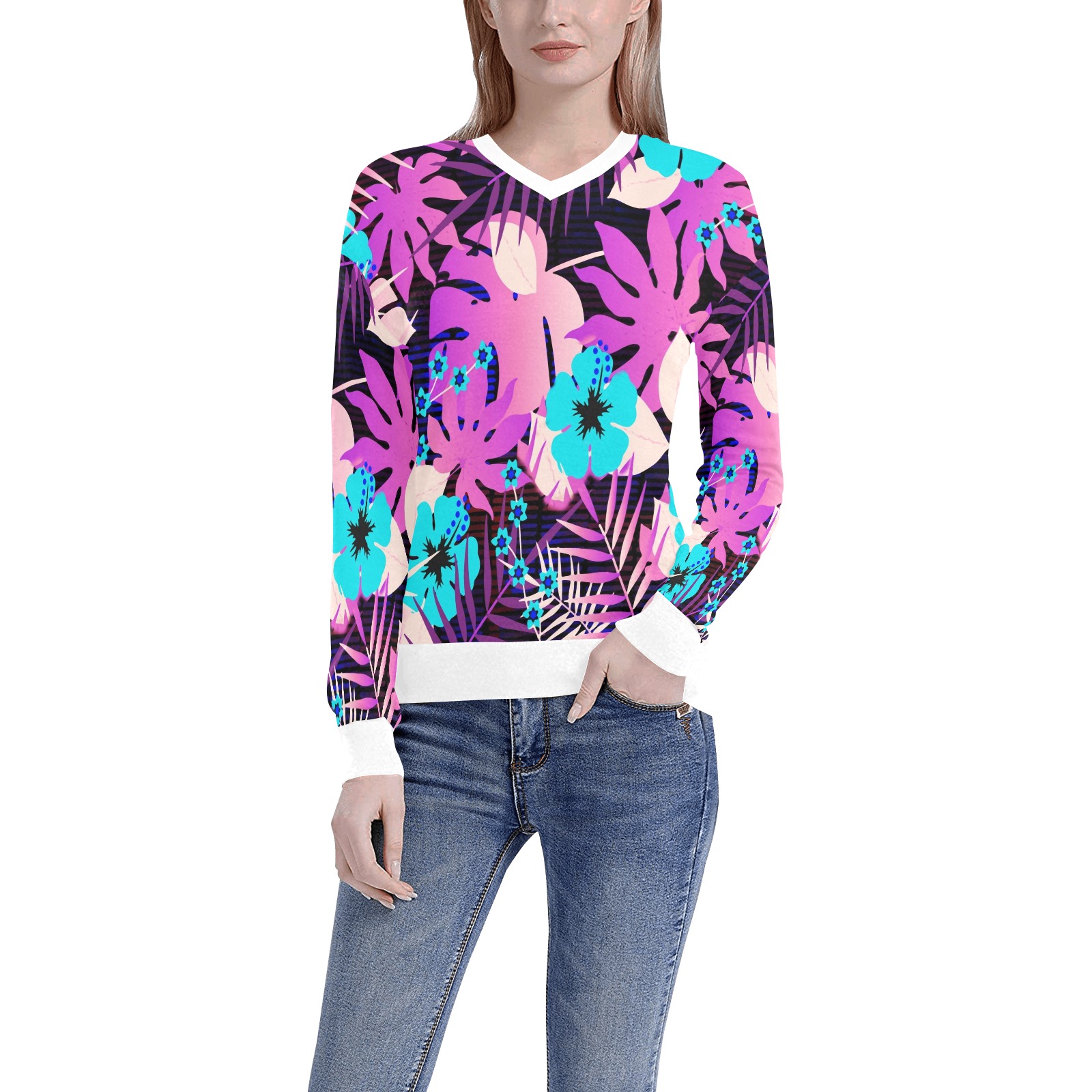 GROOVY FUNK THING FLORAL PURPLE Women's All Over Print V-Neck Sweater (Model H48)