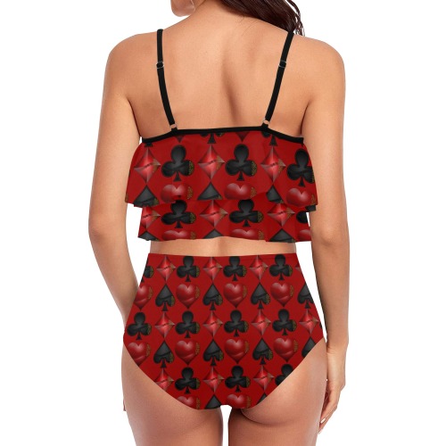 Las Vegas Black and Red Card Shapes Red High Waisted Double Ruffle Bikini Set (Model S34)