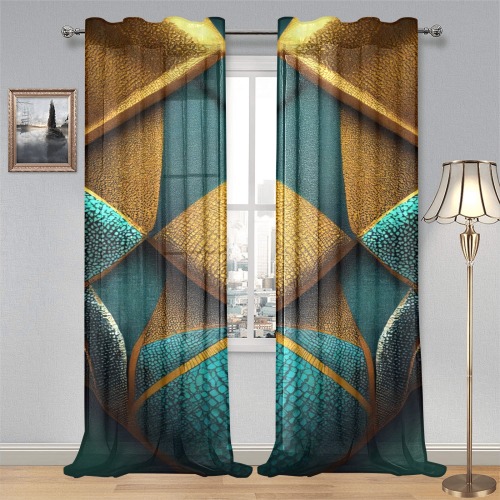 turquoise and gold abstract pattern Gauze Curtain 28"x95" (Two-Piece)