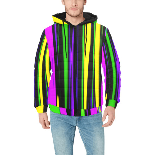 Mardi Gras Stripes Men's Padded Hooded Jacket (Model H42)