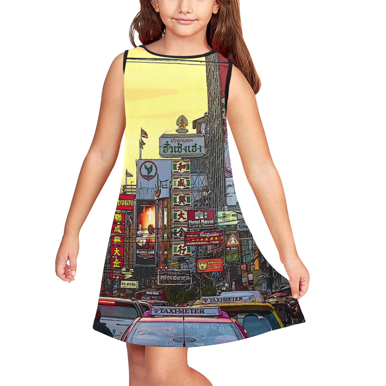 Chinatown in Bangkok Thailand - Altered Photo Girls' Sleeveless Dress (Model D58)