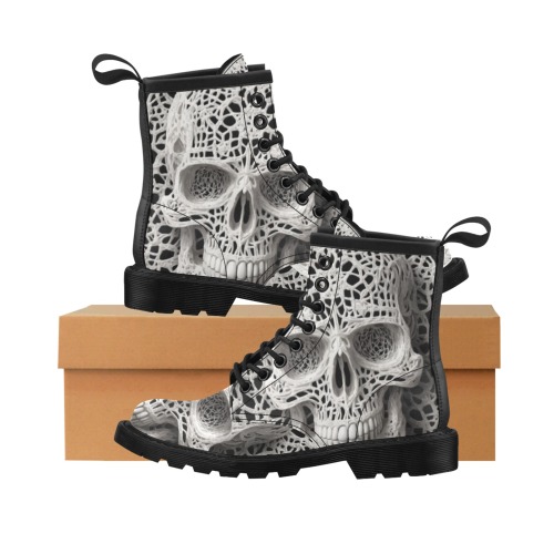 Funny elegant skull made of lace macrame Women's PU Leather Martin Boots (Model 402H)