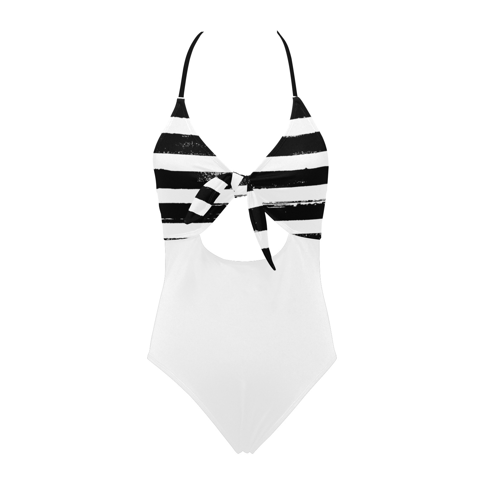 Stripes Woman's Swimwear Black Plain Backless Hollow Out Bow Tie Swimsuit (Model S17)