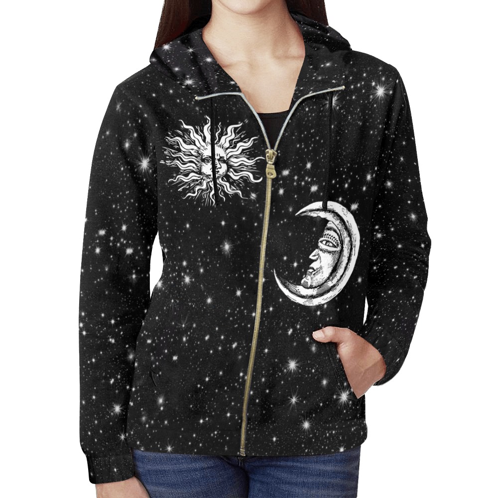 Mystic Moon and Sun All Over Print Full Zip Hoodie for Women (Model H14)