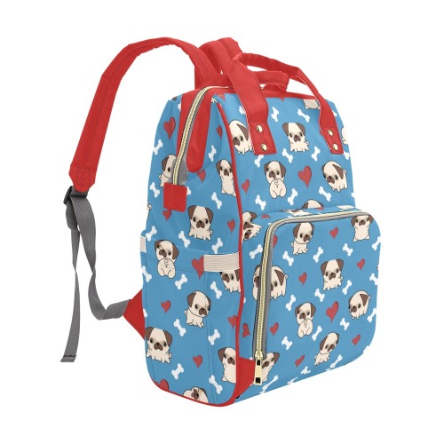 Pugs and Hearts Diaper Bag - Red Multi-Function Diaper Backpack/Diaper Bag (Model 1688)