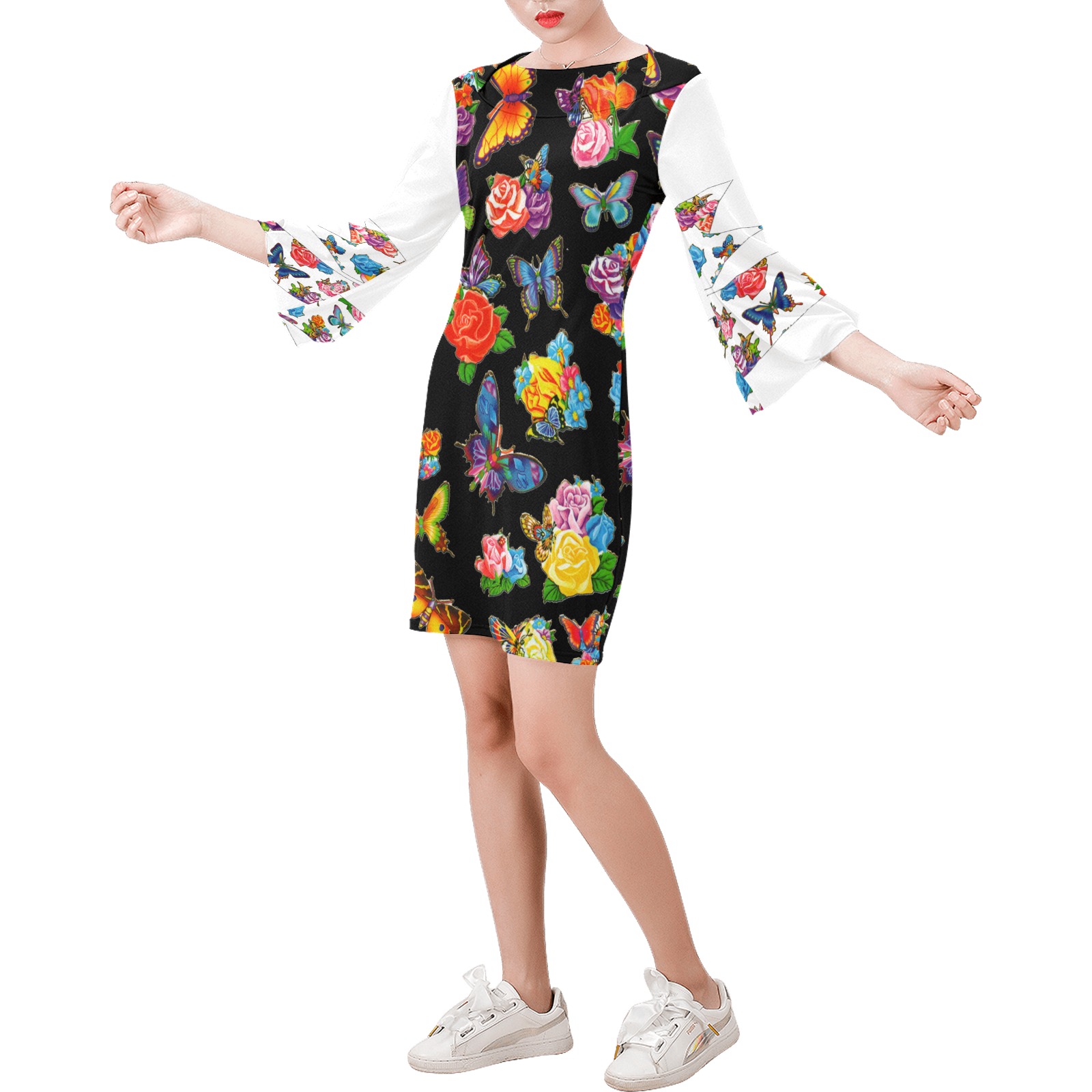 Beautiful Butterflies 1 Pattern Bell Sleeve Dress (Model D52)