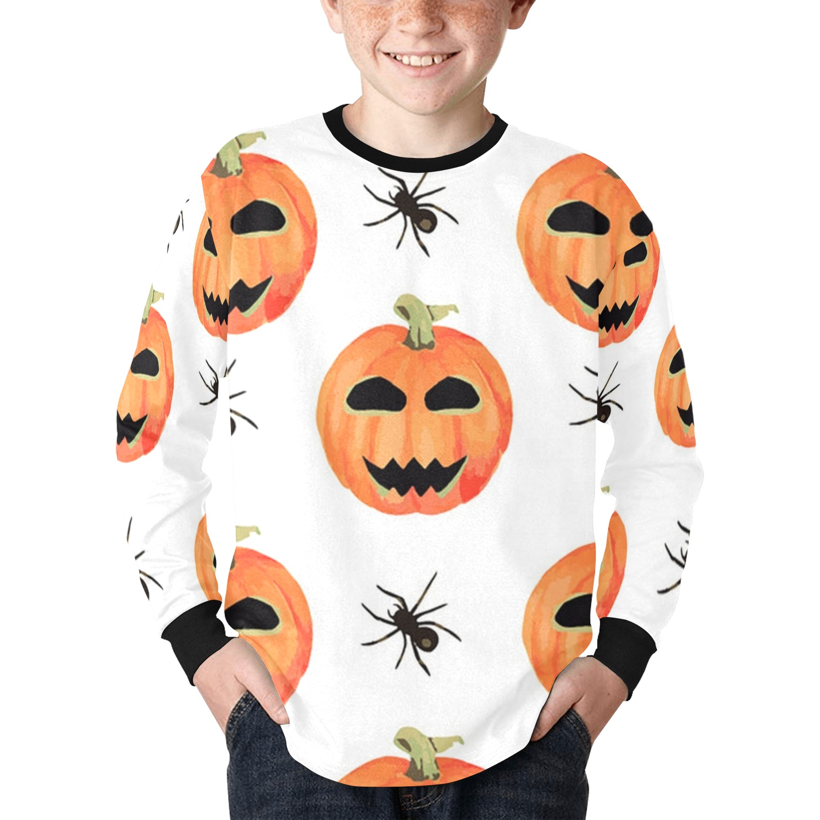Pumpkins and Spiders Kids' Rib Cuff Long Sleeve T-shirt (Model T64)