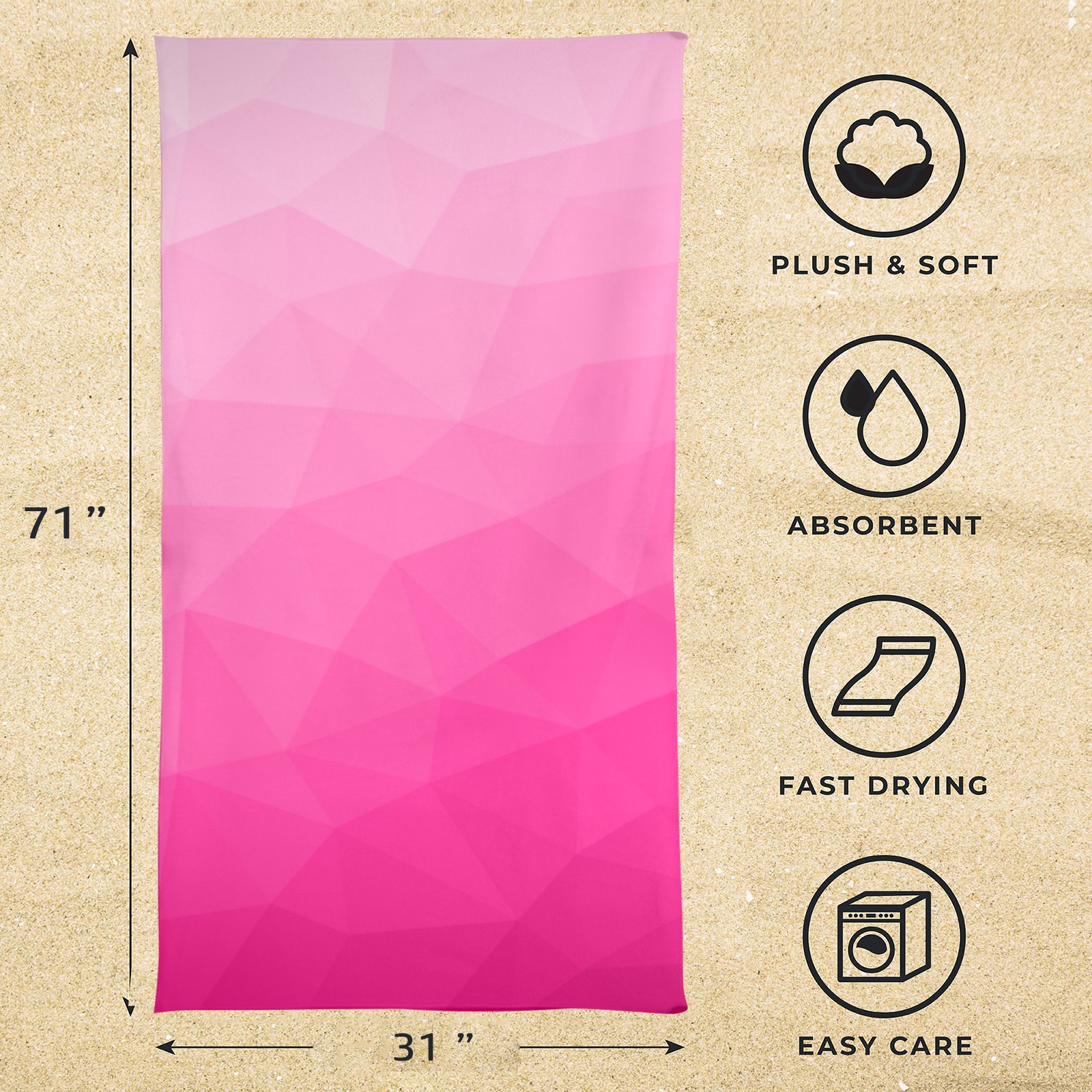 Hot pink gradient geometric mesh pattern Beach Towel 31"x71"(NEW)