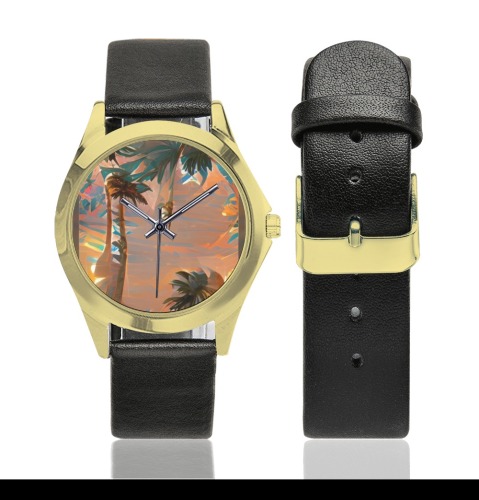 Beach_Vibes_TradingCard Unisex Silver-Tone Round Leather Watch (Model 216)