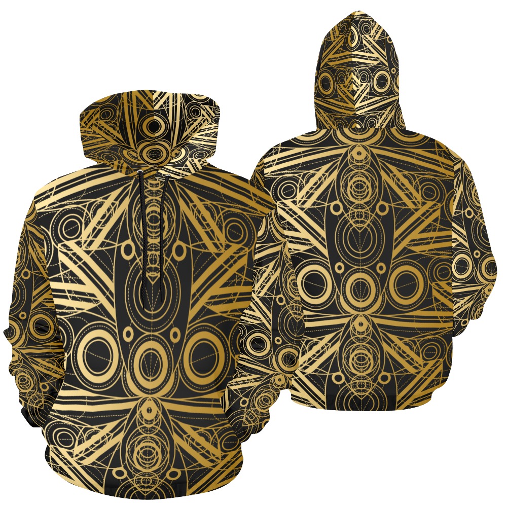 Gold Lotus line Pattern All Over Print Hoodie for Women (USA Size) (Model H13)
