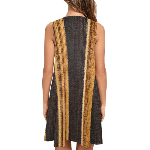 vertical gold and brown striped pattern Sleeveless A-Line Pocket Dress (Model D57)