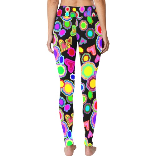 Groovy Hearts and Flowers Black Women's Big Size Workout Leggings (Model L43)