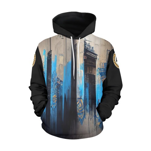 graffiti buildings, black and blue All Over Print Hoodie for Men (USA Size) (Model H13)
